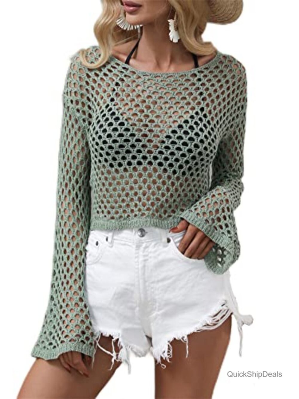Mesh Crochet Crop Top Long Sleeve Hollow Out Knit Beach Cover Up